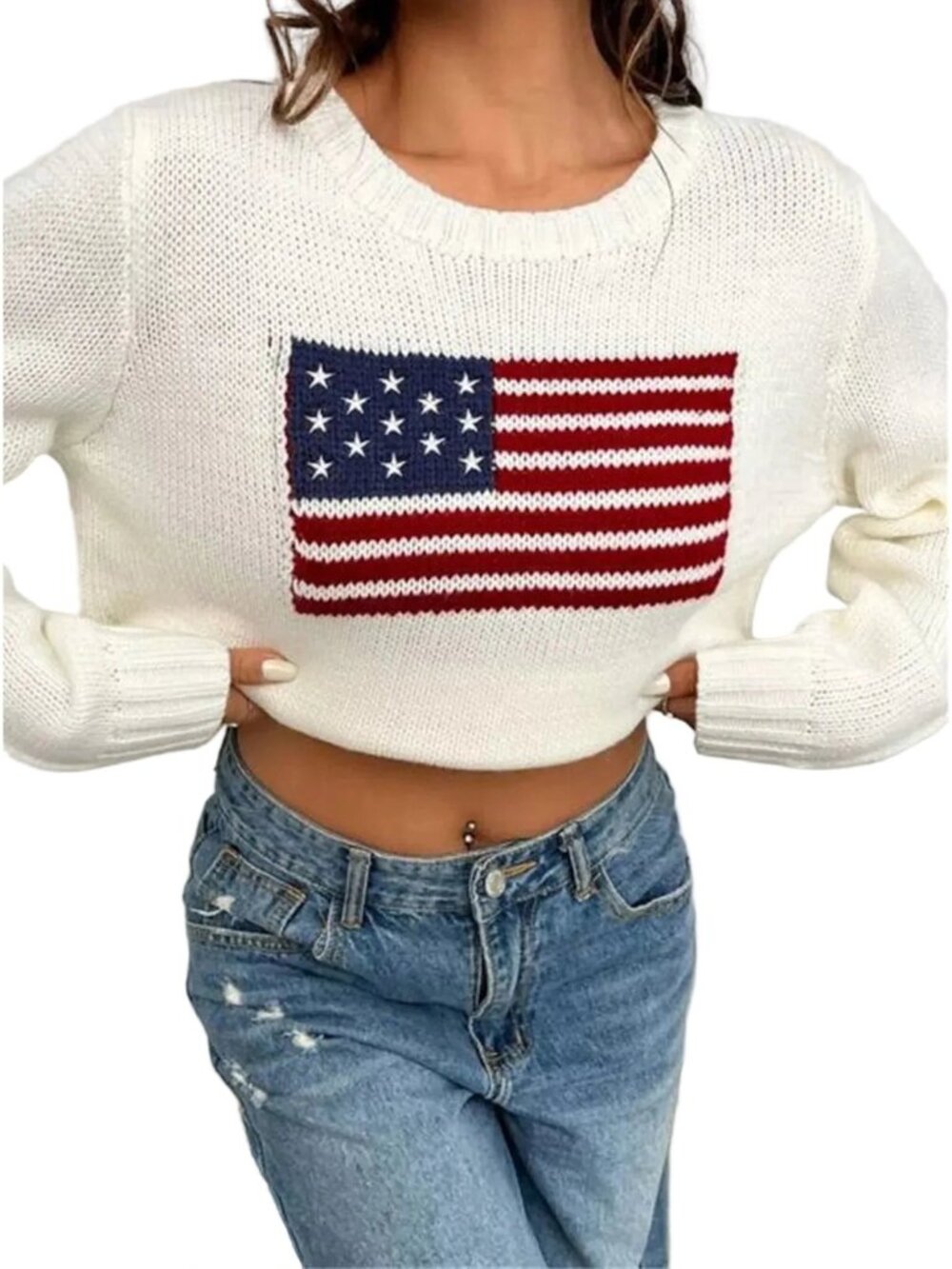 American USA Flag Stars & Stripes Round Neck Long Sleeve Pullover Knit Sweater - Picture 7 of 8